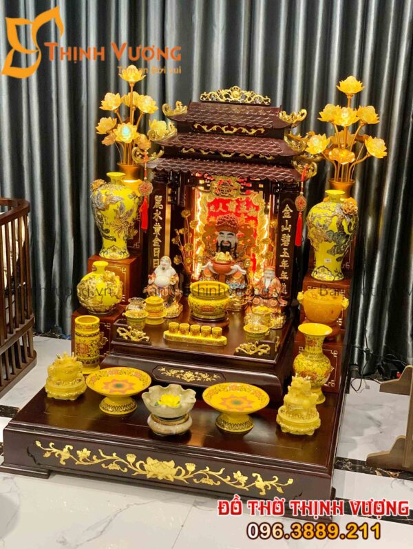 Bộ Bàn Thờ Thần Tài Gỗ Hương JinShan Set Gấm Vàng
