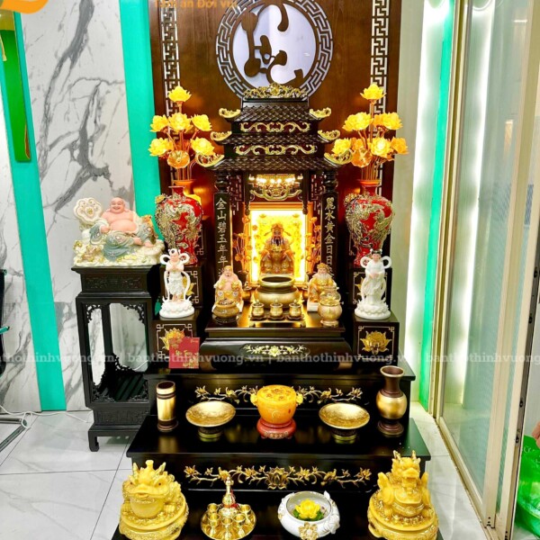 Bộ Bàn Ông Địa Thần Tài Gỗ Hương JinShan Bệ 3 Tầng Đồng Dát Vàng Cao Cấp