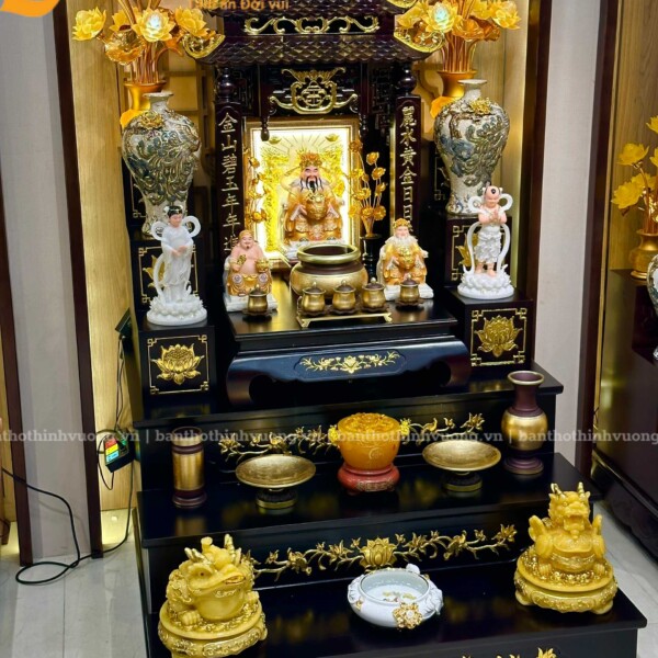Bộ Bàn Thần Tài Gỗ Hương JinShan Bệ 3 Tầng Đồng Dát Vàng Cao Cấp